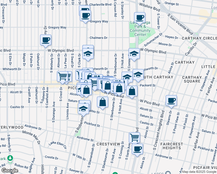 map of restaurants, bars, coffee shops, grocery stores, and more near 8647 West Pico Boulevard in Los Angeles