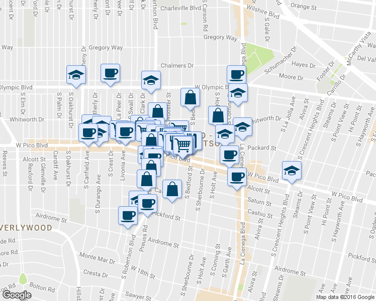 map of restaurants, bars, coffee shops, grocery stores, and more near 8687 West Pico Boulevard in Los Angeles