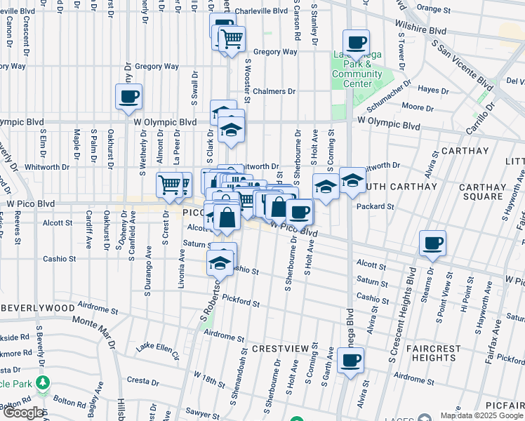 map of restaurants, bars, coffee shops, grocery stores, and more near 8687 West Pico Boulevard in Los Angeles