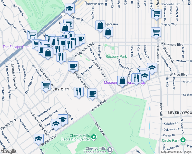 map of restaurants, bars, coffee shops, grocery stores, and more near 2233 Century Hill in Los Angeles