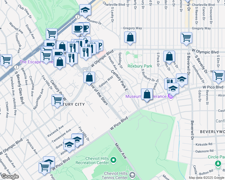 map of restaurants, bars, coffee shops, grocery stores, and more near 2233 Century Hill in Los Angeles