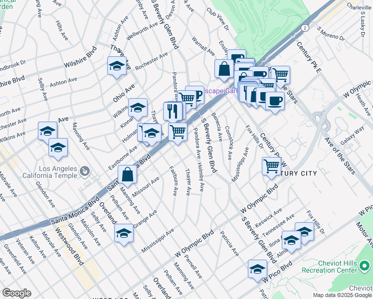map of restaurants, bars, coffee shops, grocery stores, and more near 1851 Holmby Avenue in Los Angeles