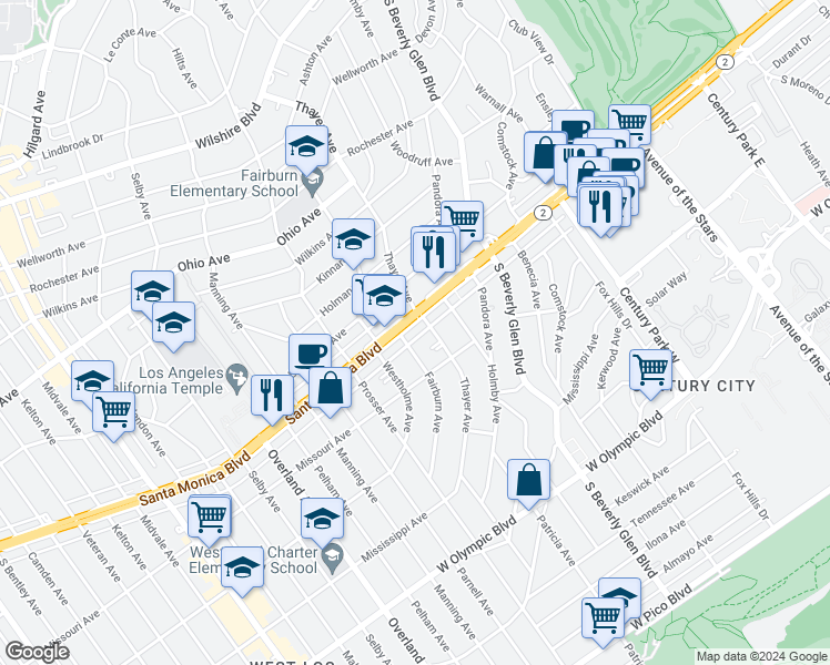 map of restaurants, bars, coffee shops, grocery stores, and more near 1827 Thayer Avenue in Los Angeles