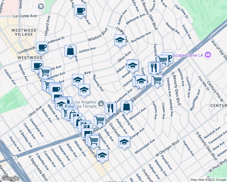 map of restaurants, bars, coffee shops, grocery stores, and more near 10660 Holman Avenue in Los Angeles
