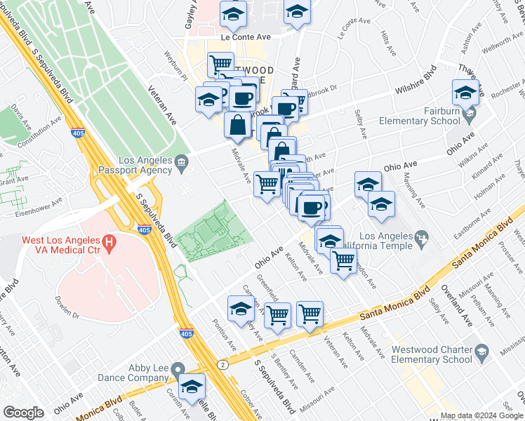 map of restaurants, bars, coffee shops, grocery stores, and more near 1409 Midvale Avenue in Los Angeles
