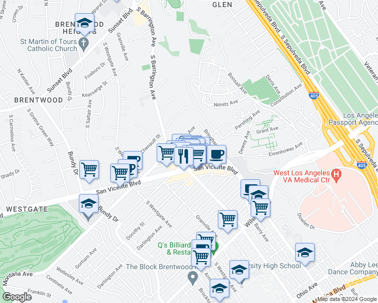 map of restaurants, bars, coffee shops, grocery stores, and more near 11662 Gorham Avenue in Los Angeles