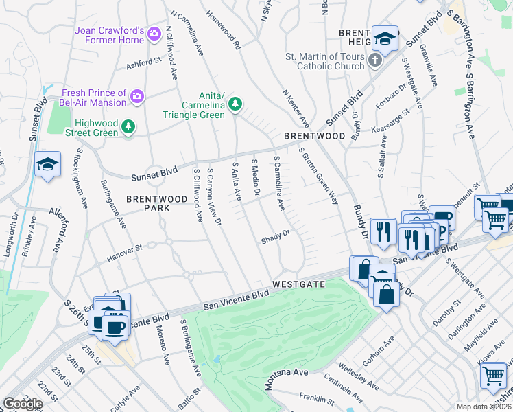 map of restaurants, bars, coffee shops, grocery stores, and more near 215 South Medio Drive in Los Angeles