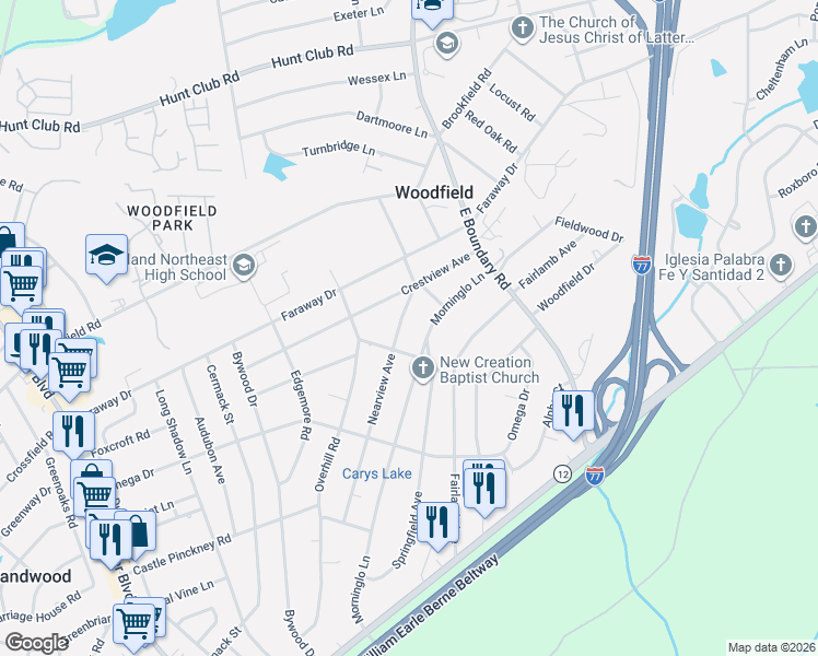 map of restaurants, bars, coffee shops, grocery stores, and more near 1709 Woodfield Drive in Columbia