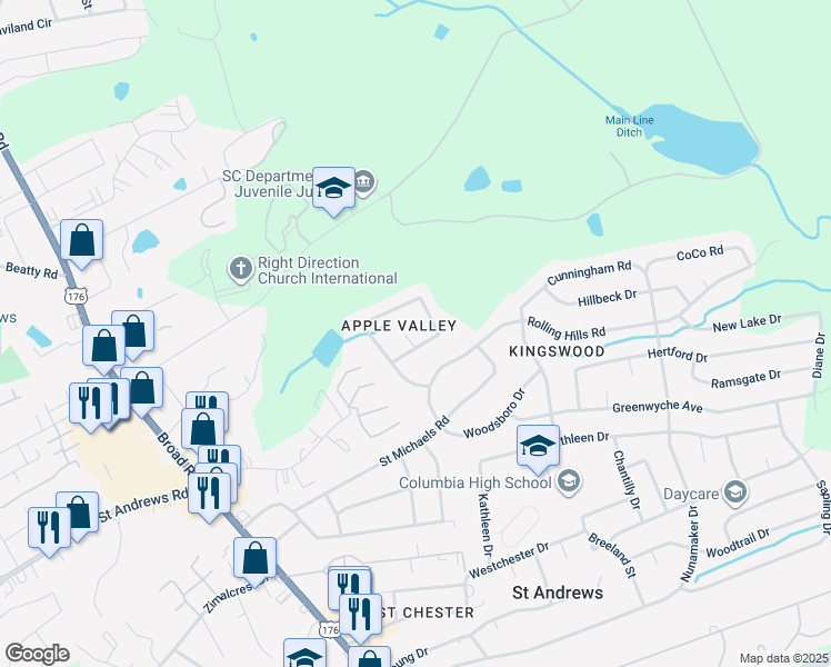 map of restaurants, bars, coffee shops, grocery stores, and more near 2312 Apple Valley Road in Columbia