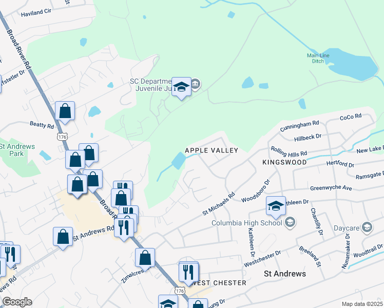 map of restaurants, bars, coffee shops, grocery stores, and more near 2029 Apple Valley Road in Columbia