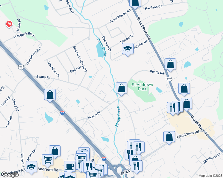 map of restaurants, bars, coffee shops, grocery stores, and more near 201 Timber Court in Columbia