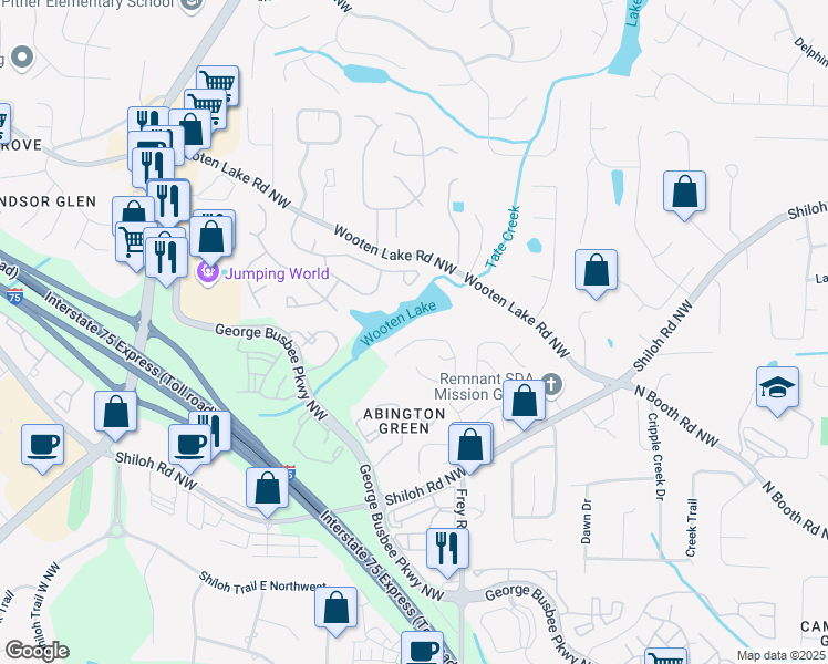 map of restaurants, bars, coffee shops, grocery stores, and more near 4157 Lake Mist Drive Northwest in Kennesaw