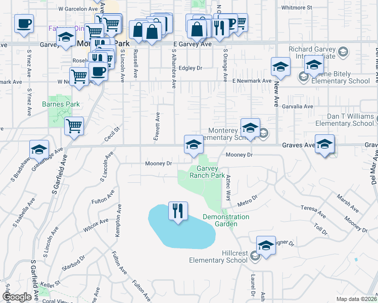 map of restaurants, bars, coffee shops, grocery stores, and more near 421 Mooney Drive in Monterey Park