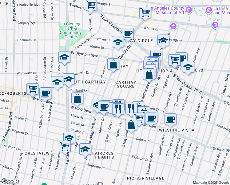 map of restaurants, bars, coffee shops, grocery stores, and more near 1148 Stearns Drive in Los Angeles