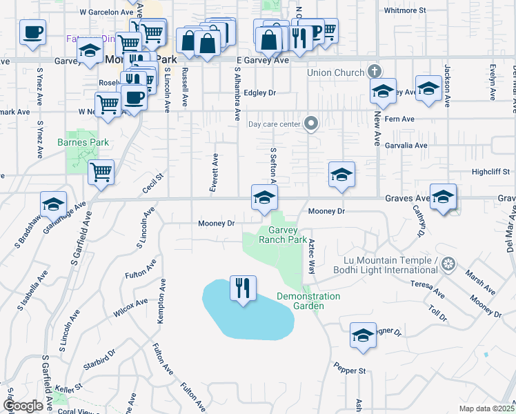 map of restaurants, bars, coffee shops, grocery stores, and more near 607 South Sefton Avenue in Monterey Park