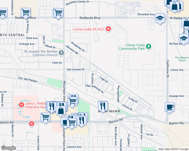 map of restaurants, bars, coffee shops, grocery stores, and more near 25939 Lugo Drive in Loma Linda