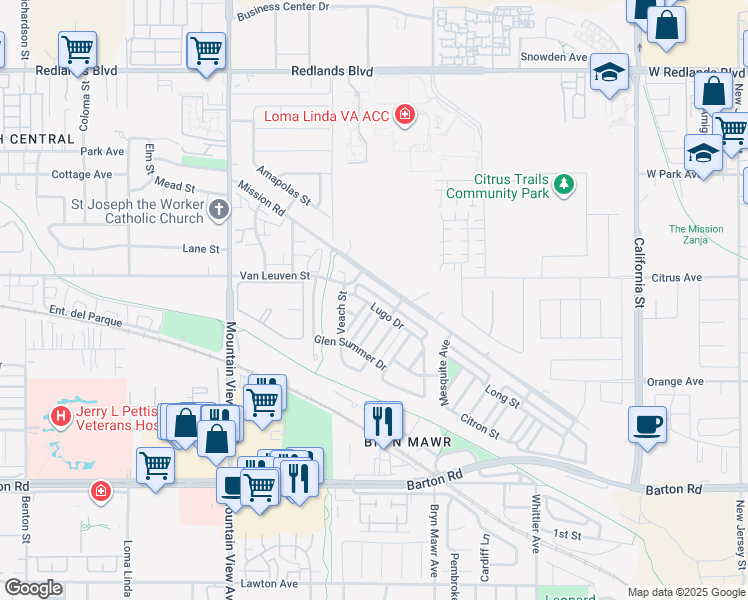 map of restaurants, bars, coffee shops, grocery stores, and more near 25986 Lugo Drive in Loma Linda