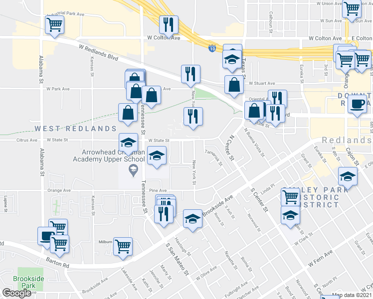 map of restaurants, bars, coffee shops, grocery stores, and more near 227 New York Street in Redlands