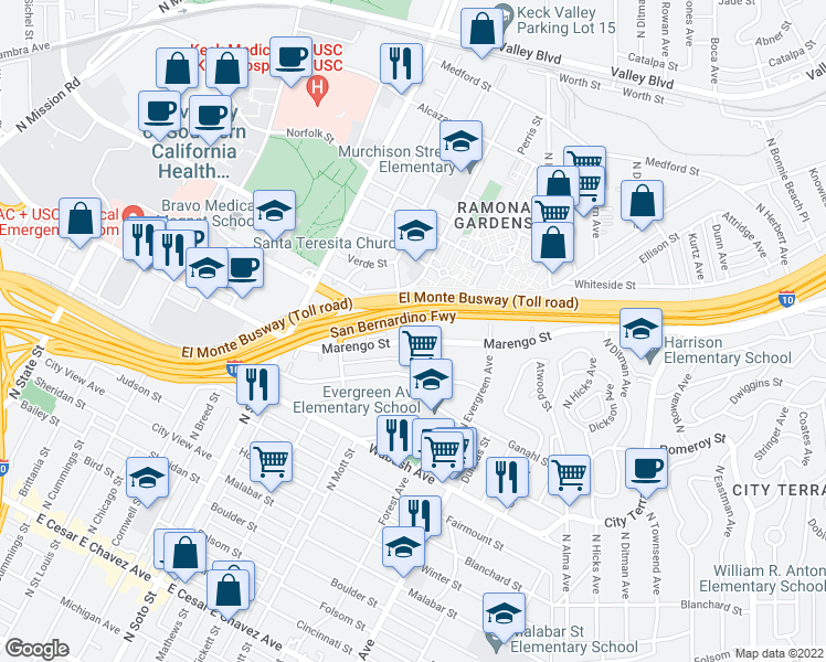 map of restaurants, bars, coffee shops, grocery stores, and more near 1198 Tremont Street in Los Angeles