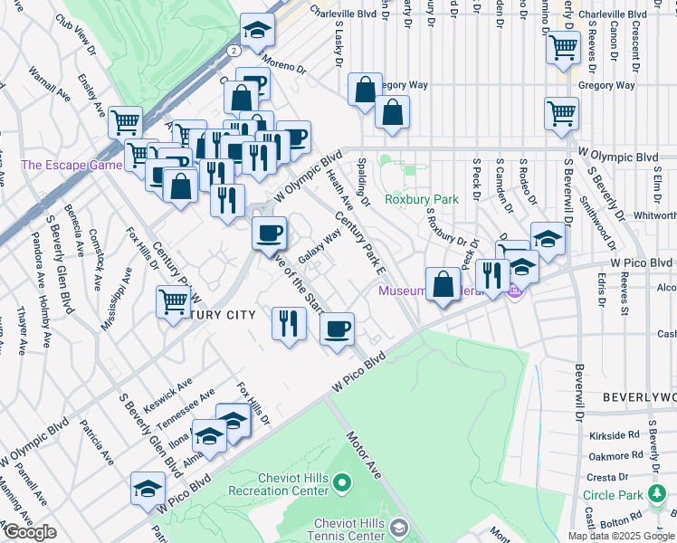 map of restaurants, bars, coffee shops, grocery stores, and more near 2 West Century Drive in Los Angeles