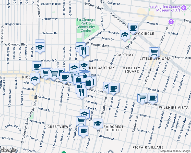 map of restaurants, bars, coffee shops, grocery stores, and more near 1207 South Orlando Avenue in Los Angeles