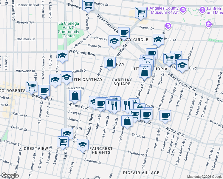 map of restaurants, bars, coffee shops, grocery stores, and more near 1148 Stearns Drive in Los Angeles