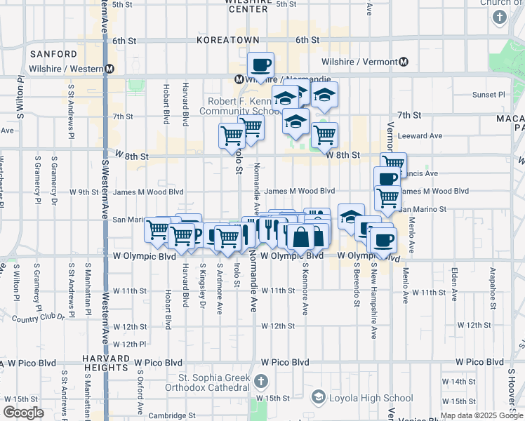 map of restaurants, bars, coffee shops, grocery stores, and more near 926 South Normandie Avenue in Los Angeles