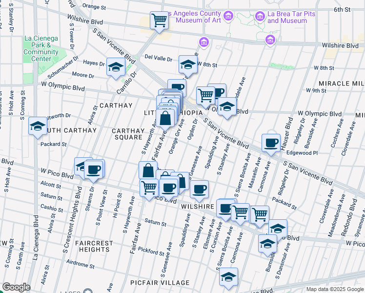 map of restaurants, bars, coffee shops, grocery stores, and more near 1115 South Ogden Drive in Los Angeles