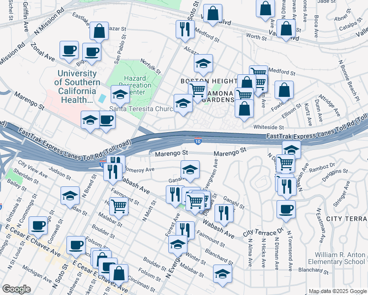 map of restaurants, bars, coffee shops, grocery stores, and more near 1106 Tremont Street in Los Angeles