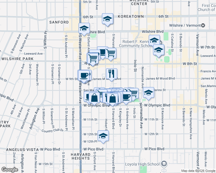 map of restaurants, bars, coffee shops, grocery stores, and more near 924 South Hobart Boulevard in Los Angeles