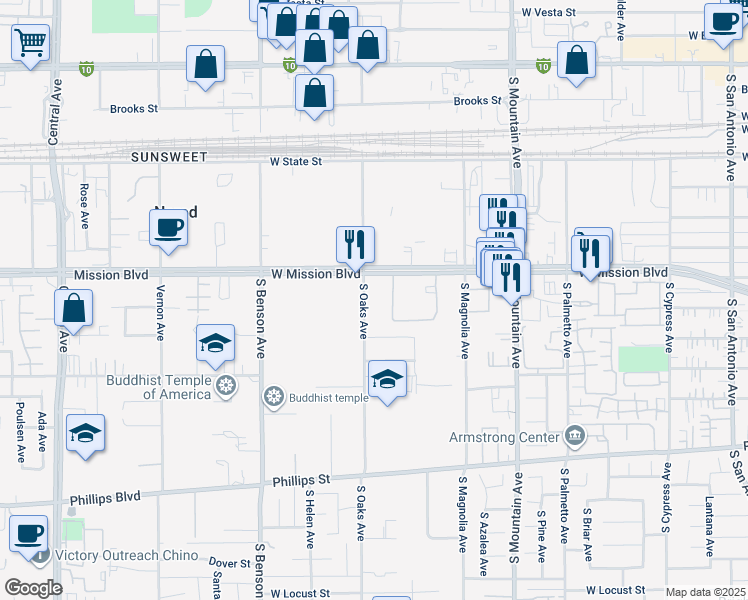 map of restaurants, bars, coffee shops, grocery stores, and more near 831 South Oaks Avenue in Ontario