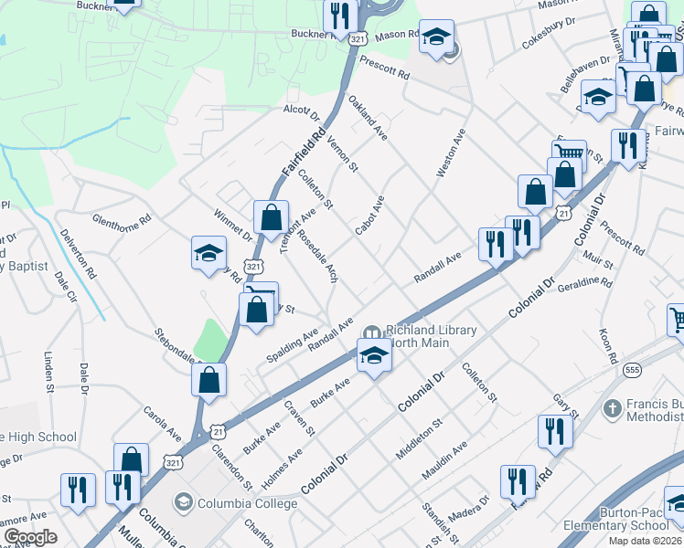 map of restaurants, bars, coffee shops, grocery stores, and more near 903 Rosedale Arch in Columbia