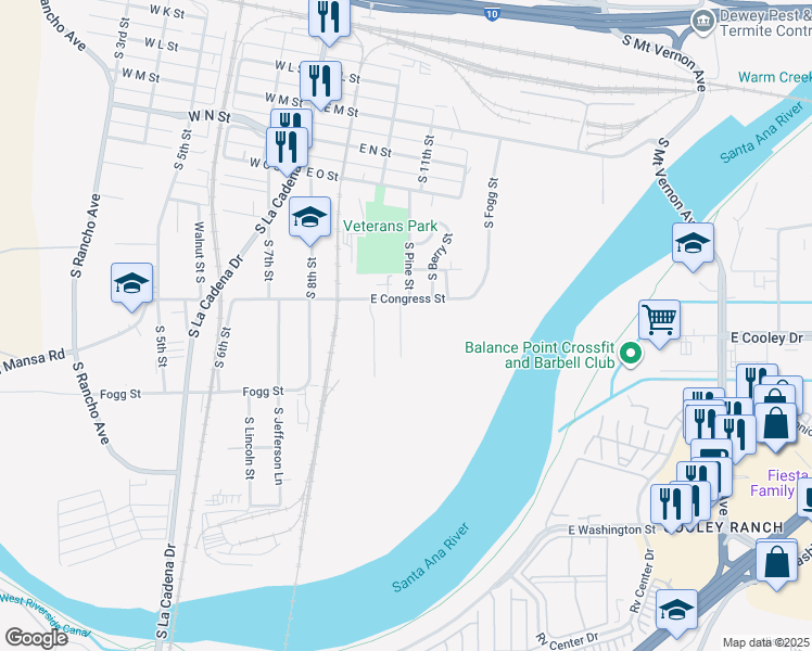 map of restaurants, bars, coffee shops, grocery stores, and more near 938 South Fernando Street in Colton