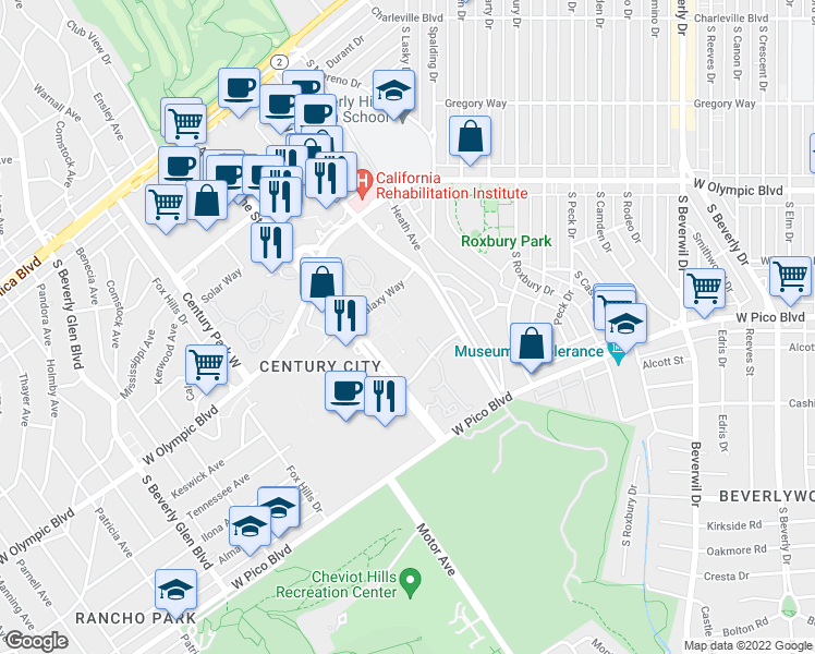 map of restaurants, bars, coffee shops, grocery stores, and more near 2233 Century Hill in Los Angeles