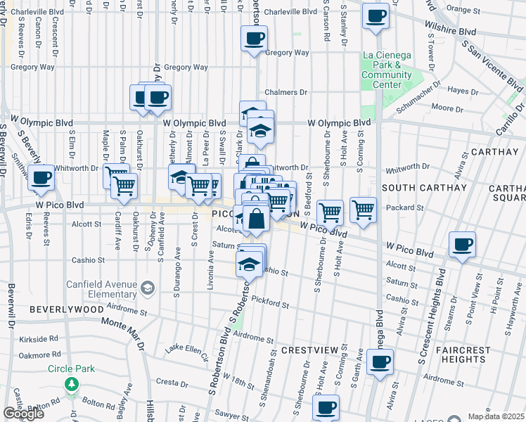 map of restaurants, bars, coffee shops, grocery stores, and more near in Los Angeles