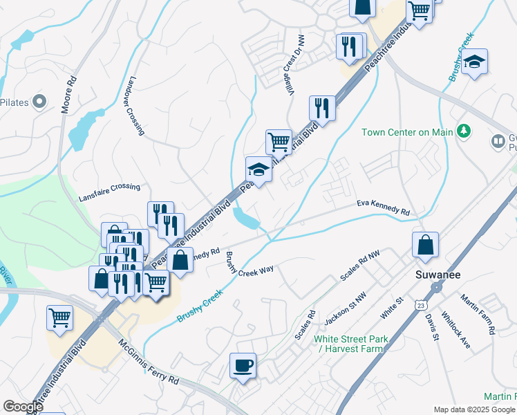 map of restaurants, bars, coffee shops, grocery stores, and more near 2072 Harvest Pond Circle in Suwanee