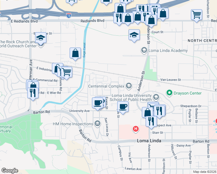 map of restaurants, bars, coffee shops, grocery stores, and more near 10944 Evans Street in Loma Linda