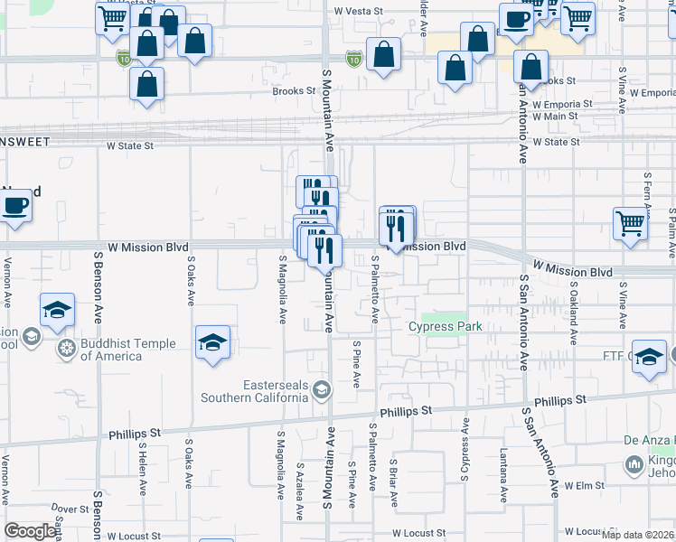 map of restaurants, bars, coffee shops, grocery stores, and more near 831 South Mountain Avenue in Ontario