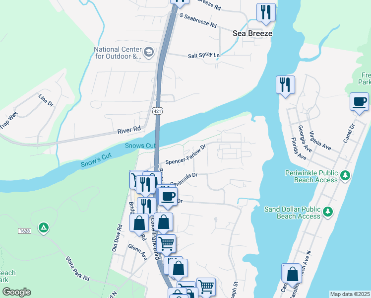 map of restaurants, bars, coffee shops, grocery stores, and more near 119 Bimini Townes Lane in Carolina Beach