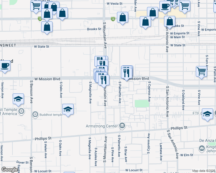 map of restaurants, bars, coffee shops, grocery stores, and more near 831 South Mountain Avenue in Ontario