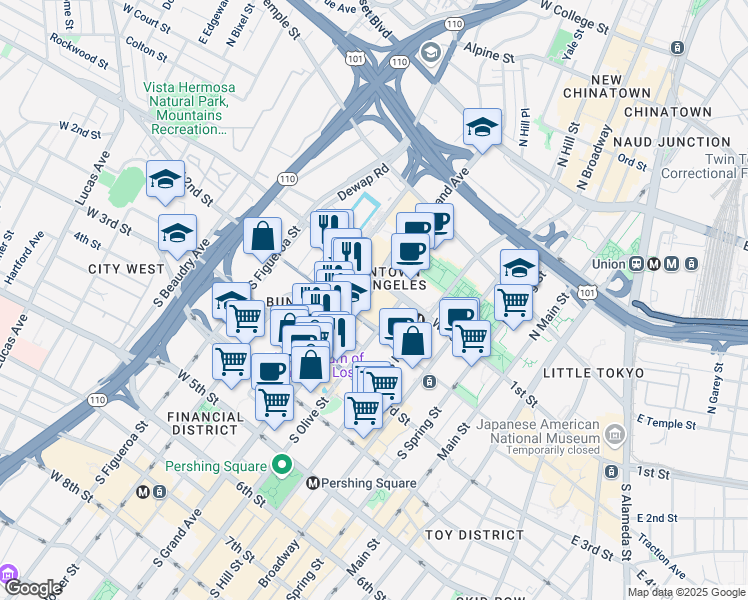 map of restaurants, bars, coffee shops, grocery stores, and more near 120 South Grand Avenue in Los Angeles