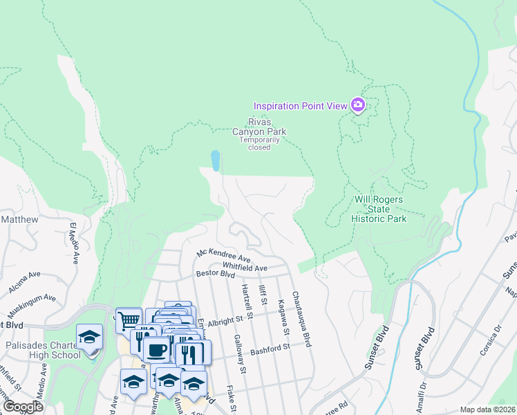 map of restaurants, bars, coffee shops, grocery stores, and more near 1342 Marinette Road in Los Angeles