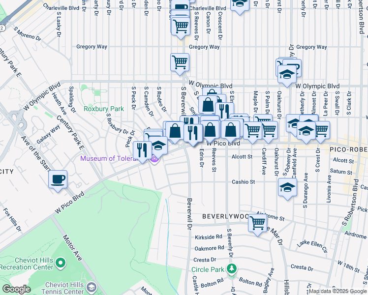 map of restaurants, bars, coffee shops, grocery stores, and more near W Pico Blvd & Beverwil Dr in Los Angeles