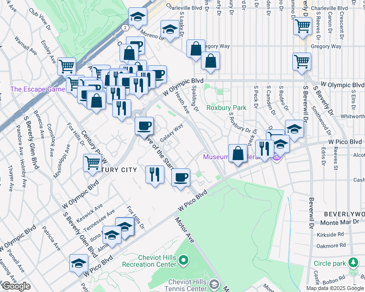 map of restaurants, bars, coffee shops, grocery stores, and more near 2 West Century Drive in Los Angeles