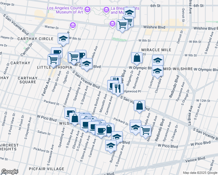 map of restaurants, bars, coffee shops, grocery stores, and more near 1128 Masselin Avenue in Los Angeles