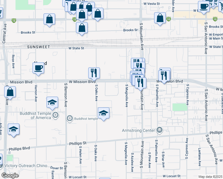 map of restaurants, bars, coffee shops, grocery stores, and more near 1309 West Mission Boulevard in Ontario