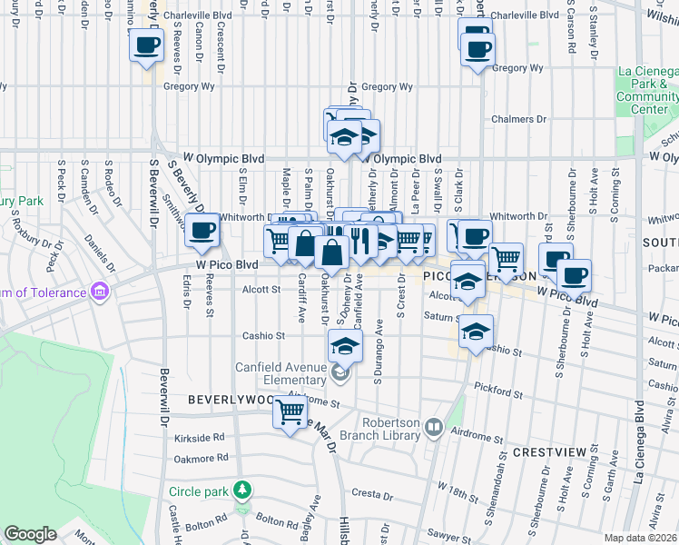 map of restaurants, bars, coffee shops, grocery stores, and more near 1413 South Doheny Drive in Los Angeles