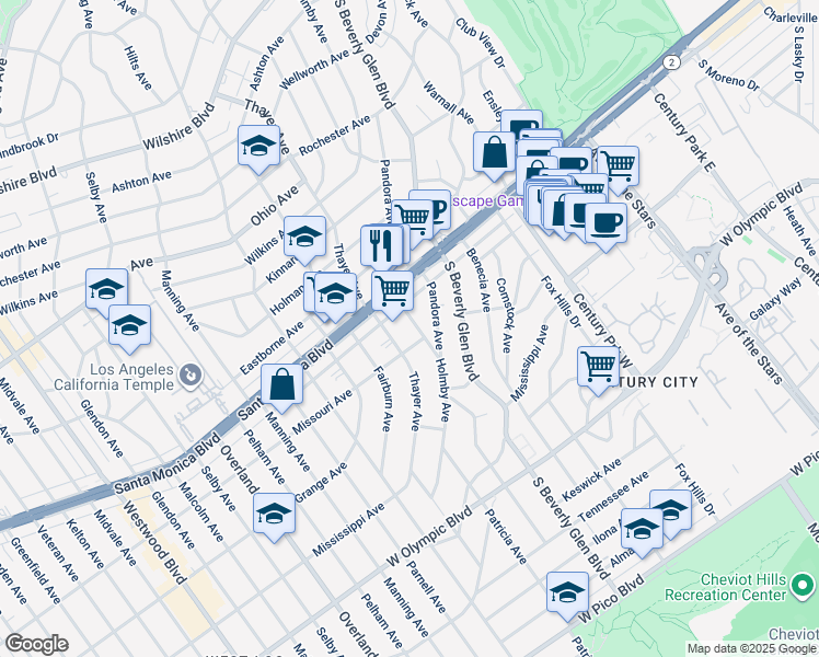 map of restaurants, bars, coffee shops, grocery stores, and more near 1835 Holmby Avenue in Los Angeles