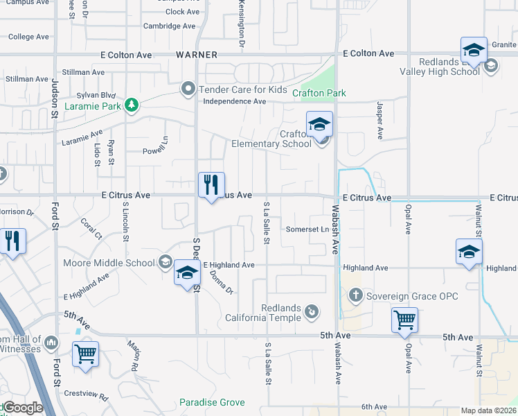 map of restaurants, bars, coffee shops, grocery stores, and more near 24 South La Salle Street in Redlands