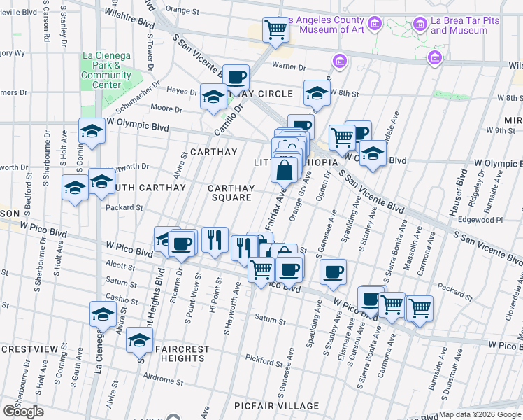 map of restaurants, bars, coffee shops, grocery stores, and more near 1134 South Hayworth Avenue in Los Angeles